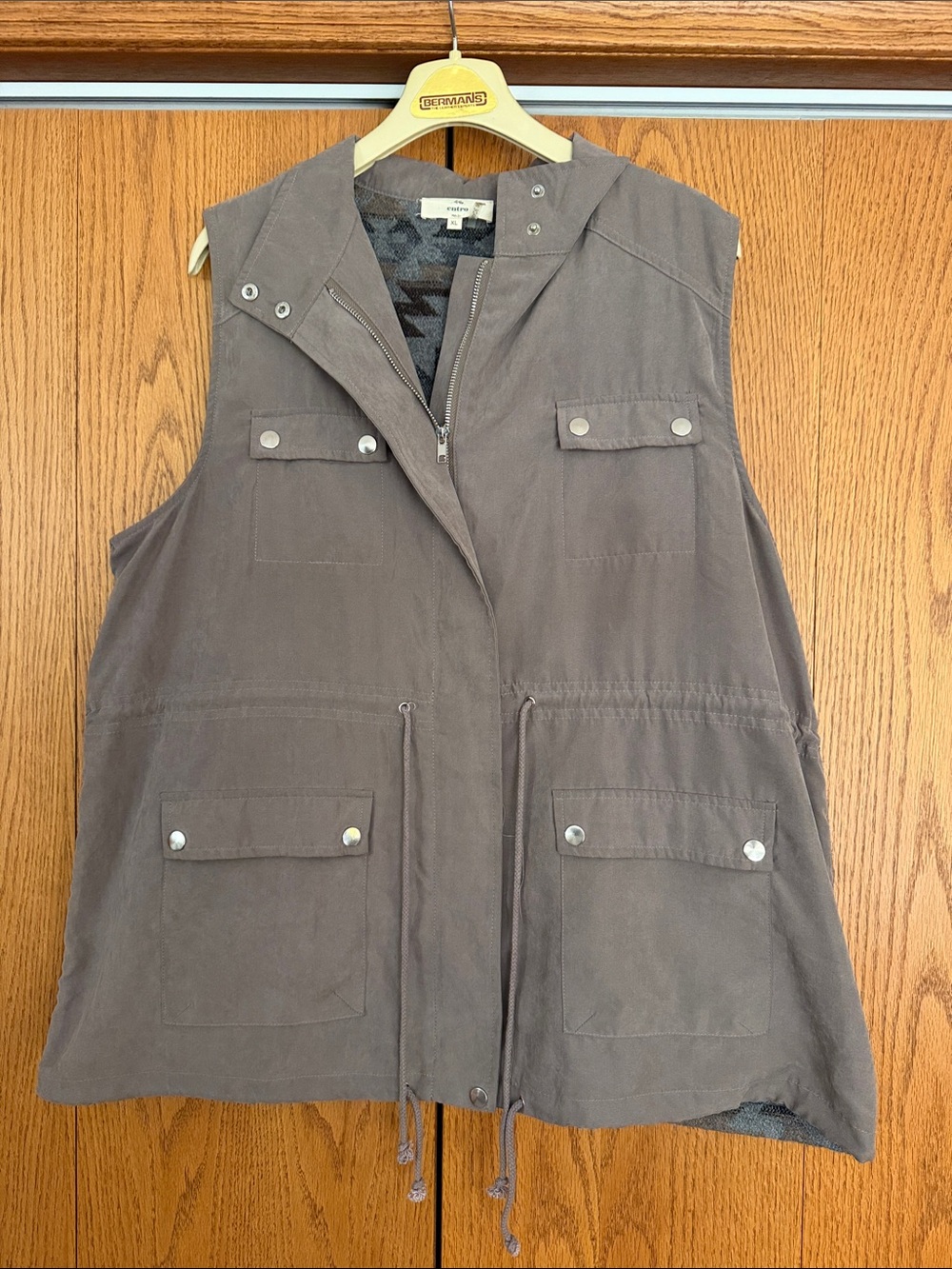 Women’s Unique Drawstring Vest with rustic brushed plaid back- Taupe